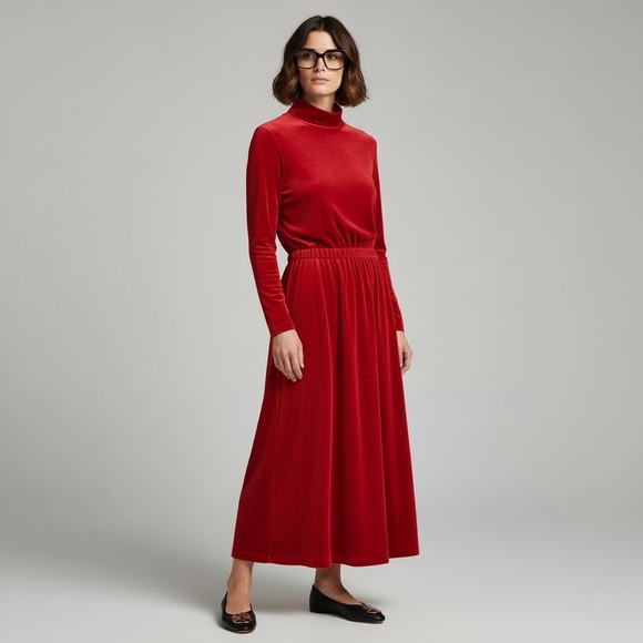fads Dresses & Skirts - Vintage Fads 80s velour red mock neck maxi dress comfy Warm soft casual